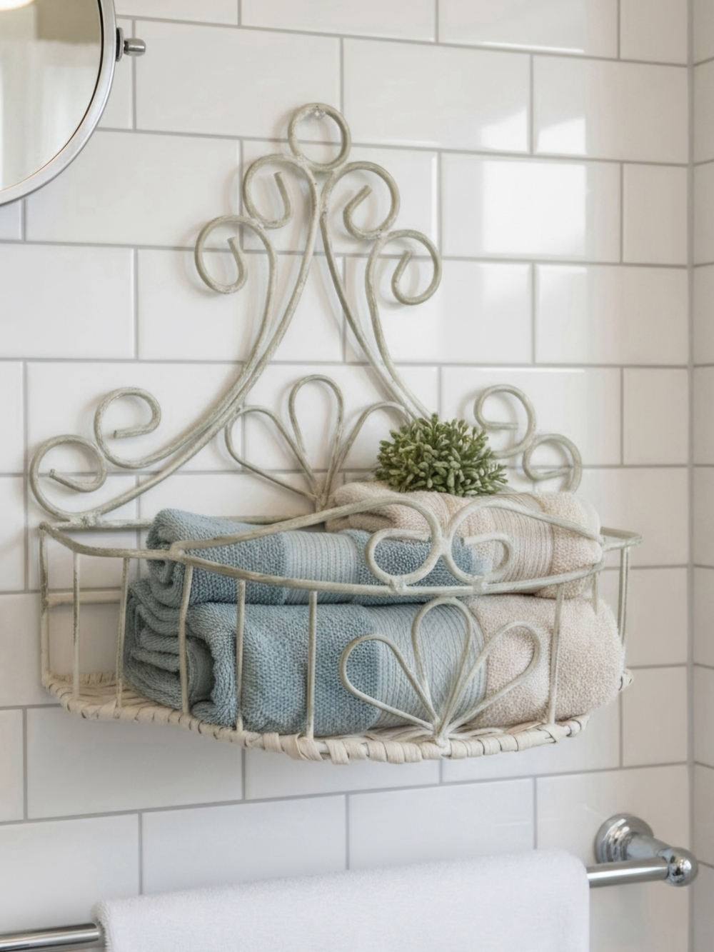 Vintage Shabby Chic Distressed Ornate Metal & Wicker Wall Basket Shelf Organizer